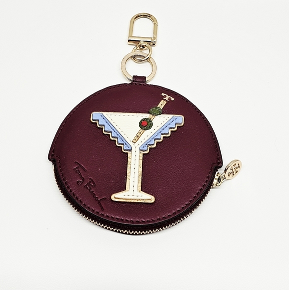 Tory Burch Maroon Martini Glass Leather Coin Pouch Key Chain - Picture 1 of 8